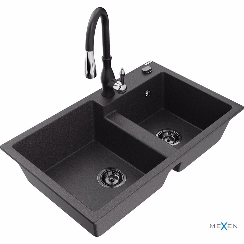 MEXEN/S MEXEN/S - Tomas granitový drez 2-bowl vrátane batérie Savita, čierna kropenatá 6516-76-672601-70-B