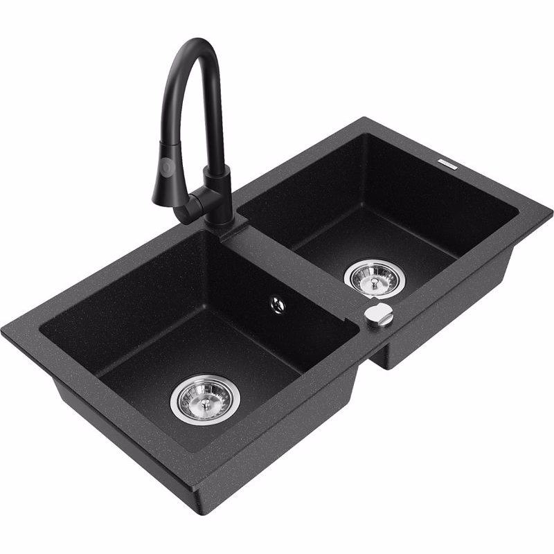 MEXEN/S MEXEN/S - Mario granitový drez 2-bowl vrátane batérie Elia, čierna/strieborná metalík 6504-73-670101-70