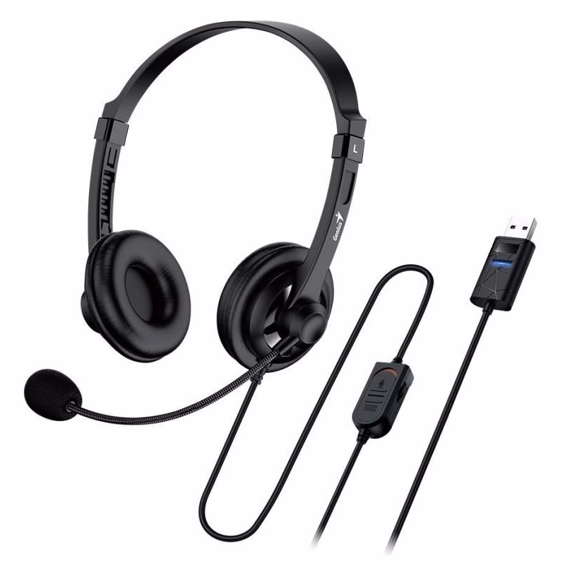 Genius headset - HS-230U, náhlavný, drôtový, s mikrofónom, ovládanie hlasitosti, dĺžka kábla 2,4m, USB, čierny