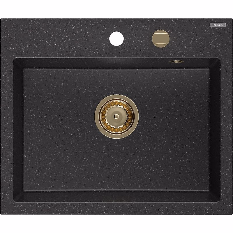 MEXEN/S MEXEN/S - Oscar granitový drez 580 x 490 mm, čierna/strieborná metalík, zlatý sifón 6519581000-73-G