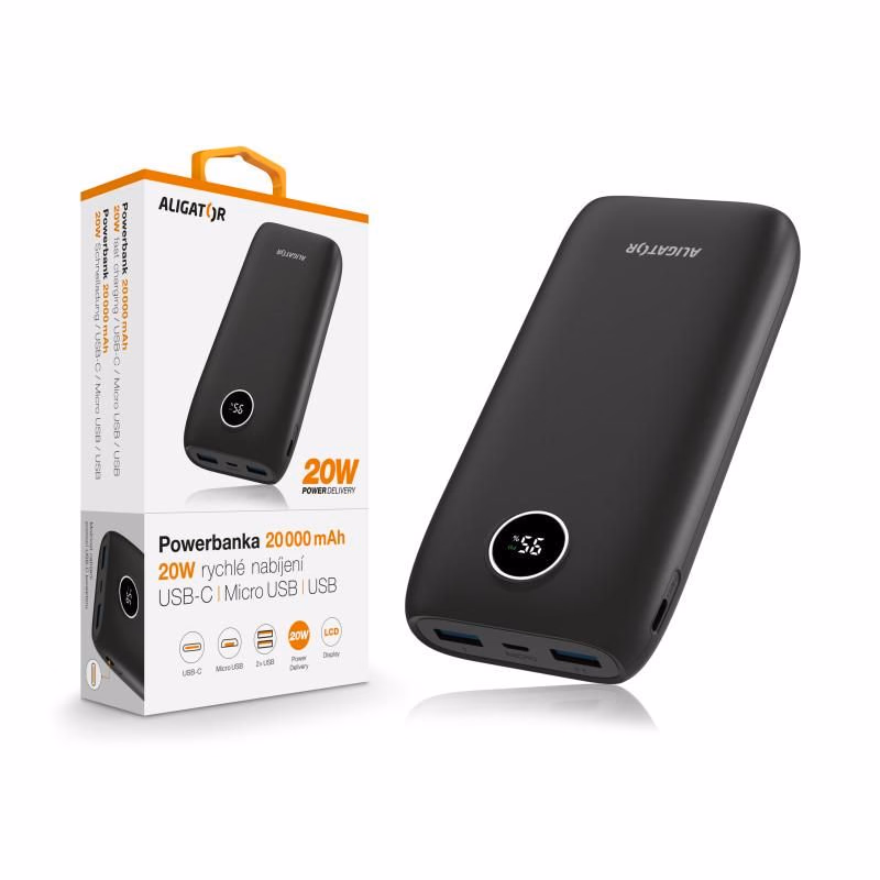 ALIGATOR Powerbanka Power Delivery 20W, rýchle nabíjanie, 20 000 mAh, čierna
