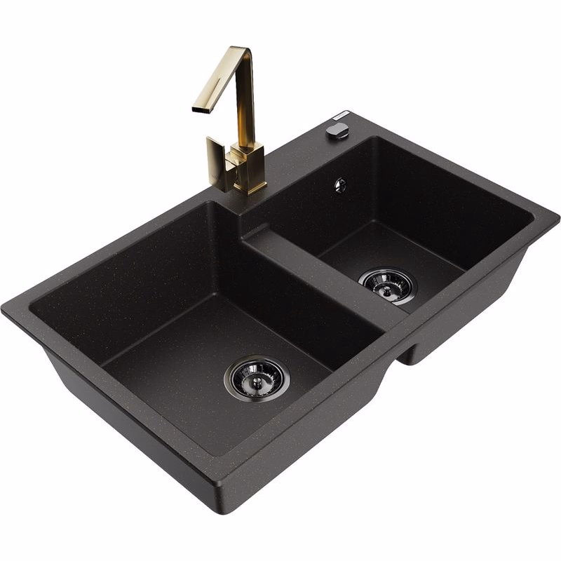 MEXEN/S MEXEN/S - Tomas granitový drez 2-bowl vrátane batérie Rita, čierna/zlatá metalik 6516-75-670300-50-B