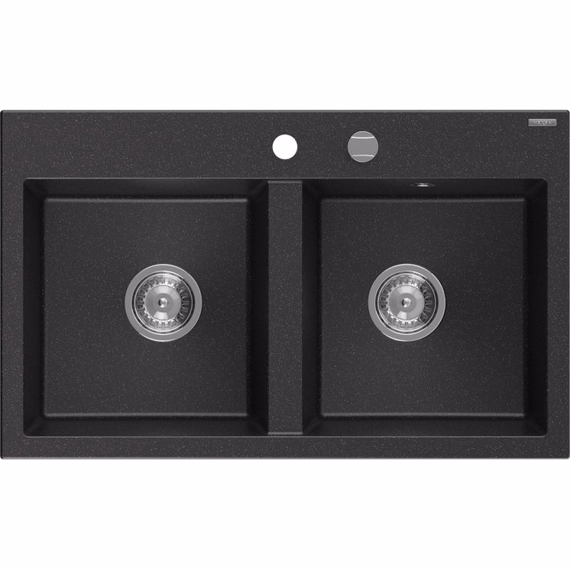 MEXEN MEXEN - Hektor granitový drez 2-bowl 800 x 480 mm, čierna/strieborná metalík, sifón chróm 6521802000-73