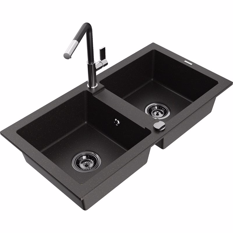 MEXEN/S MEXEN/S - Mario granitový drez 2-bowl vrátane batérie Flora, čierna/zlatá metalik 6504-75-670401-07-B