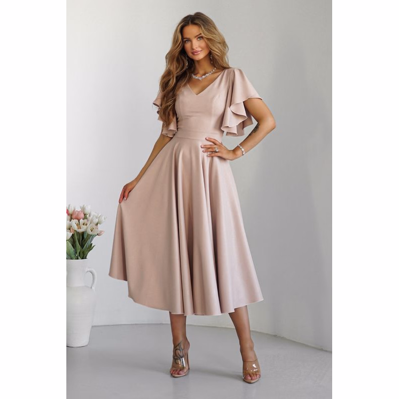 Warsaw Dress Béžové midi šaty s volánovými rukávmi Veľkosť: M
