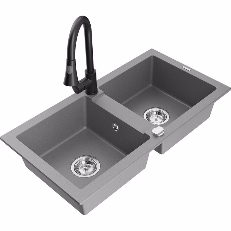 MEXEN/S MEXEN/S - Mario granitový drez 2-bowl vrátane batérie Elia, šedá 6504-71-670101-70