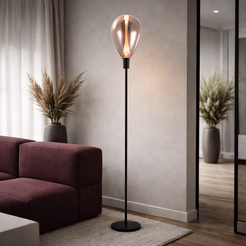 Lampa podłogowa Denso szklany klosz miedziany czarna metalowa do salonu
