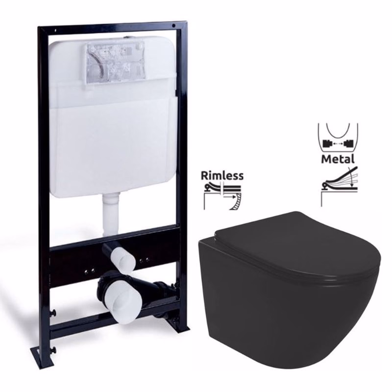PRIM predstenový inštalačný systém bez tlačidla + WC REA CARLO MINI RIMLESS ČIERNY MAT + SEDADLO PRIM_20/0026 X MM1