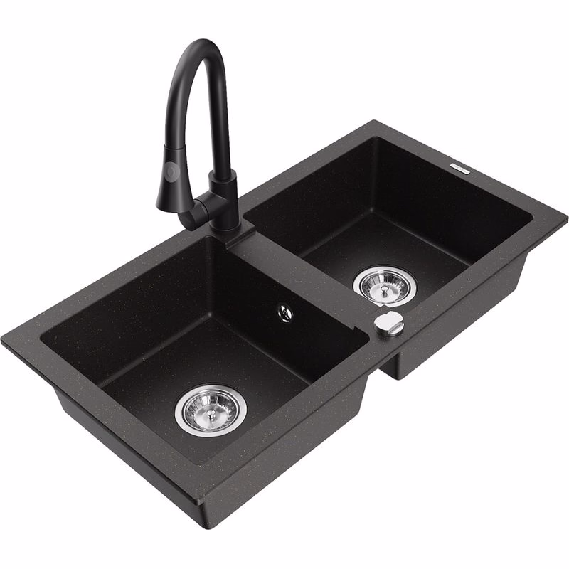 MEXEN/S MEXEN/S - Mario granitový drez 2-bowl vrátane batérie Elia, čierna/zlatá metalik 6504-75-670101-70