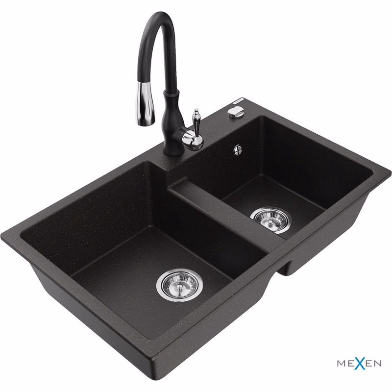 MEXEN/S MEXEN/S - Tomas granitový drez 2-bowl vrátane batérie Savita, čierna/zlatá metalik 6516-75-672601-70
