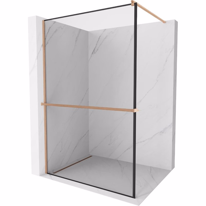 MEXEN/S - Kioto+ Sprchová zástena s poličkou WALK-IN 100 x 200, čierna vzor, meď kartáčovaná 800-100-121-65-70