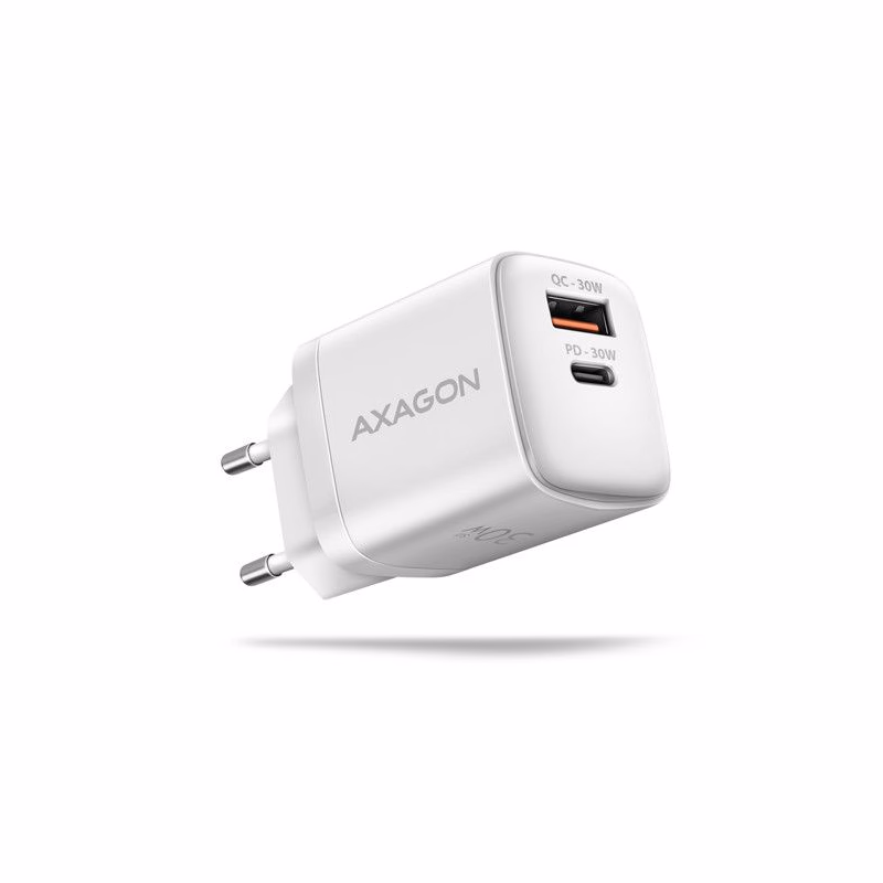 AXAGON ACU-PQ30W, Sil nabíjačka do siete 30W, 2x port (USB-A + USB-C), PD3.0/PPS/QC4+/SFC/AFC/Apple, biela