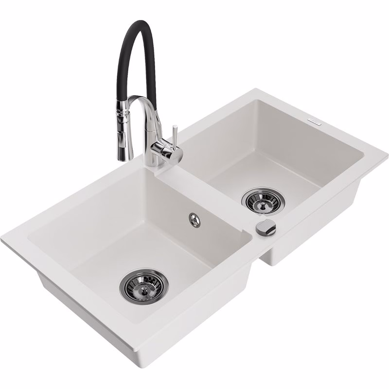 MEXEN/S MEXEN/S - Mario granitový drez 2-bowl vrátane batérie Aster, biela 6504-20-73450-07-B