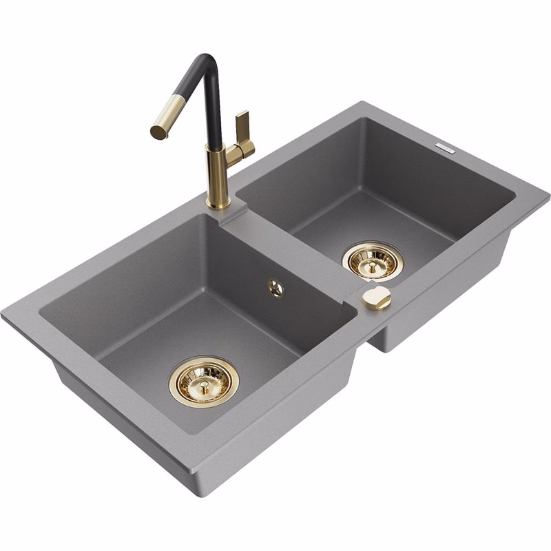 MEXEN/S MEXEN/S - Mario granitový drez 2-bowl vrátane batérie Flora, šedá 6504-71-670401-57-G