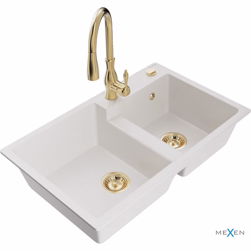 MEXEN/S MEXEN/S - Tomas granitový drez 2-bowl vrátane batérie Savita, biela 6516-20-672601-50