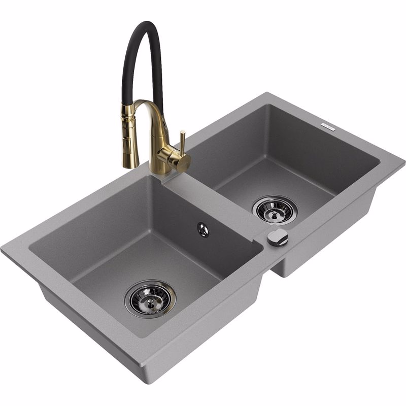 MEXEN/S MEXEN/S - Mario granitový drez 2-bowl vrátane batérie Aster, šedá 6504-71-73450-57-B