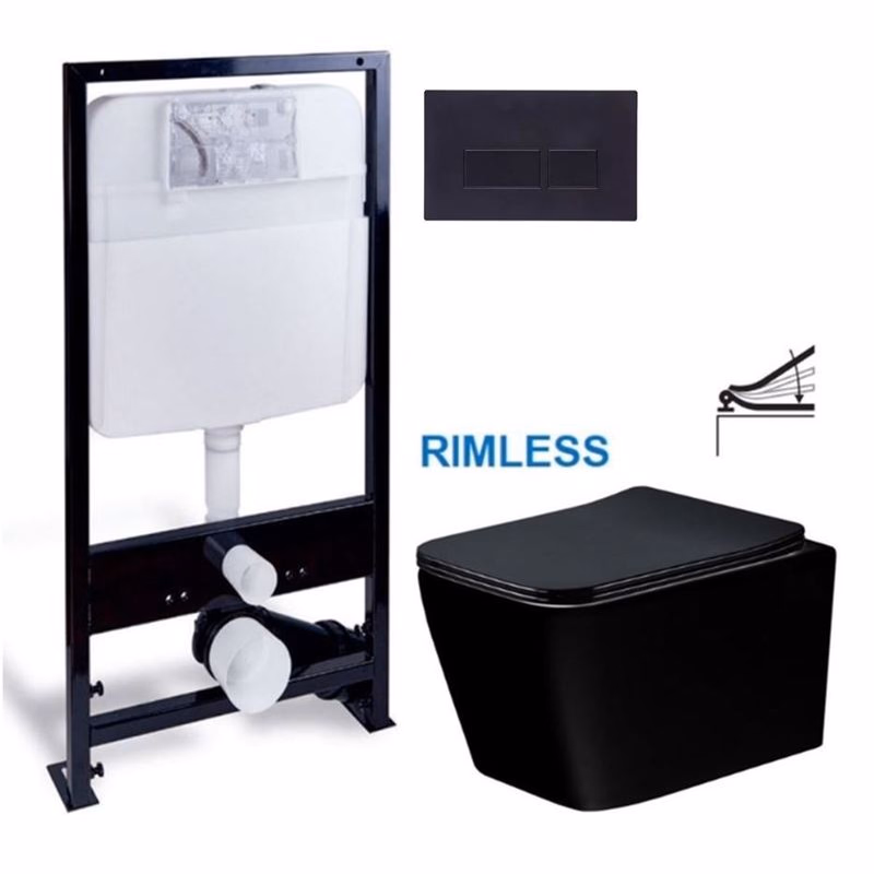 PRIM predstenový inštalačný systém s čiernym tlačidlom 20/0044 + WC MEXEN TEO ČERNÁ Rimless + SEDADLO PRIM_20/0026 44 ME02