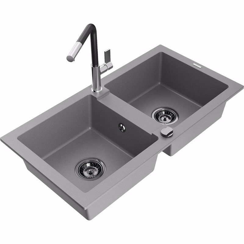 MEXEN/S MEXEN/S - Mario granitový drez 2-bowl vrátane batérie Flora, šedá 6504-71-670401-07-B