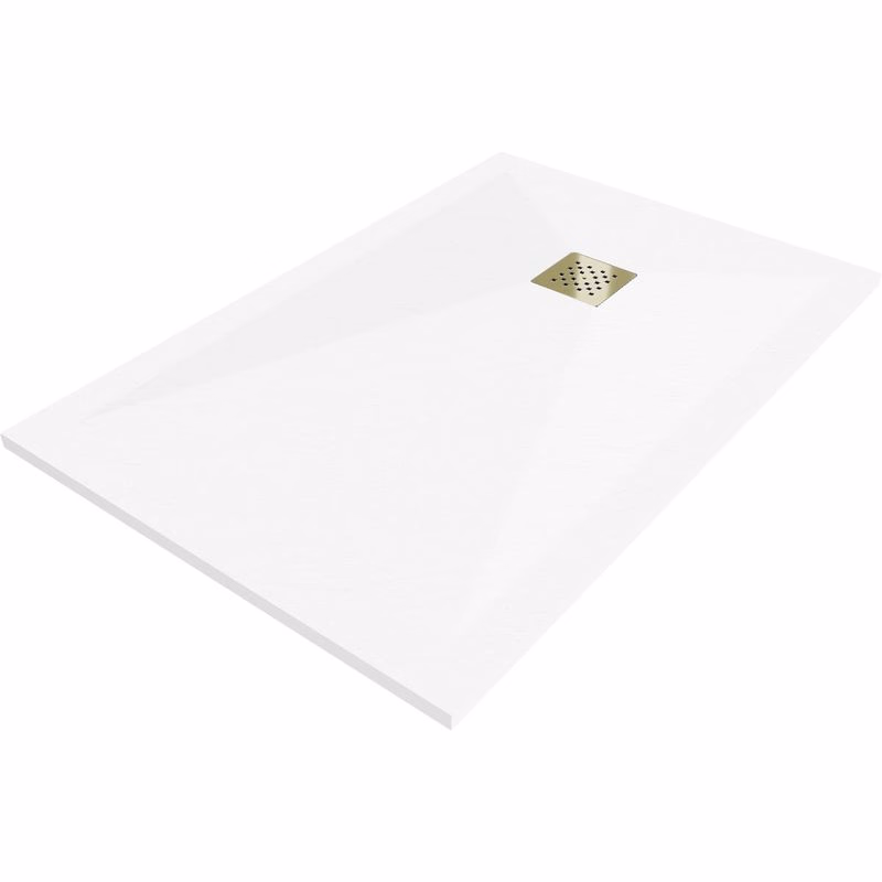 MEXEN/S - Stone+ obdĺžniková sprchová vanička 110 x 80, biela, mriežka zlatá 44108011-G