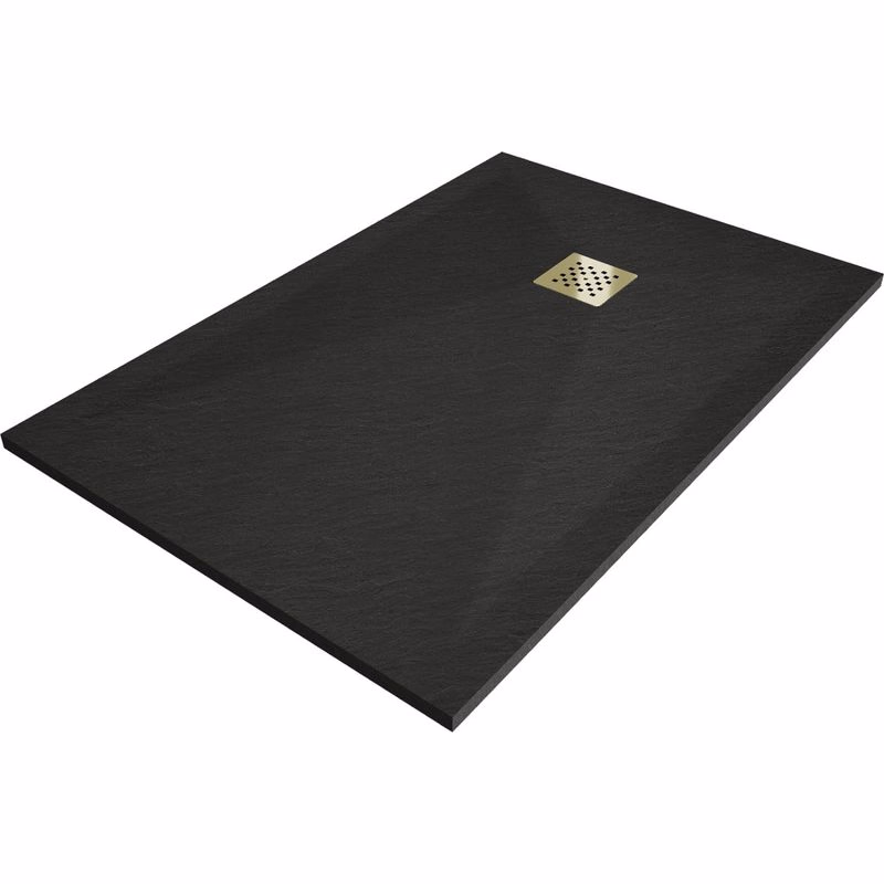 MEXEN/S - Stone+ obdĺžniková sprchová vanička 100 x 80, čierna, mriežka zlatá 44708010-G