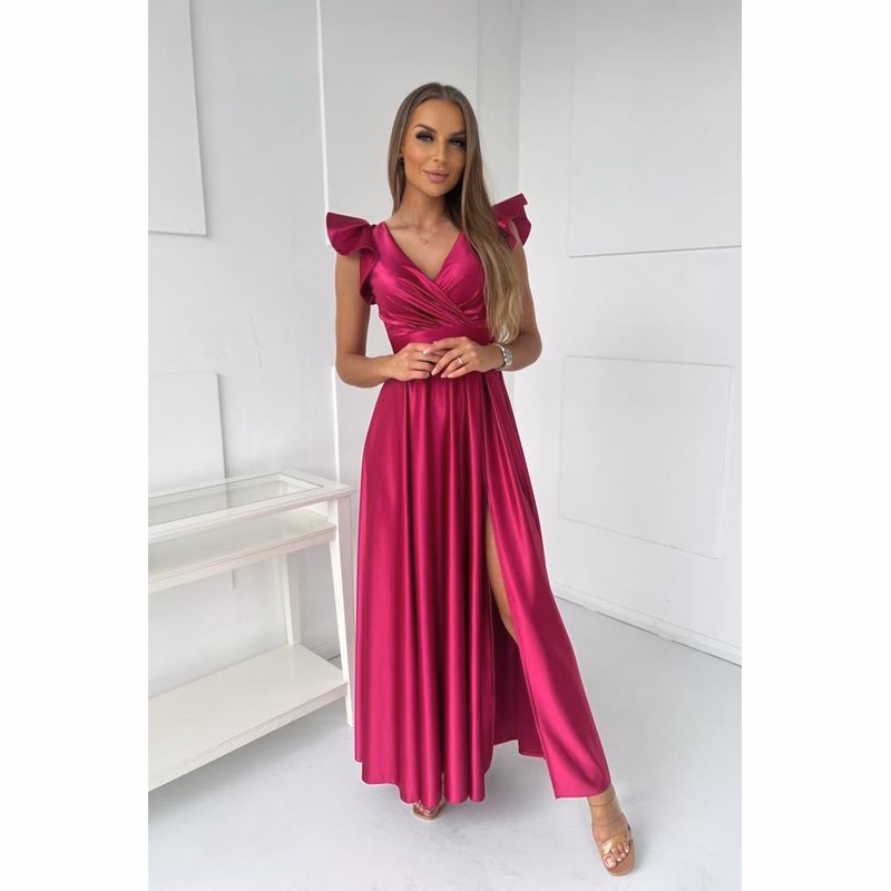 For You Fashion Cyklámenové lesklé šaty s volánikovými rukávmi Veľkosť: S