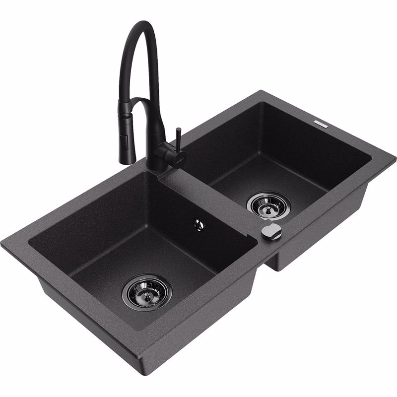 MEXEN/S MEXEN/S - Mario granitový drez 2-bowl vrátane batérie Aster, čierna kropenatá 6504-76-73450-70-B