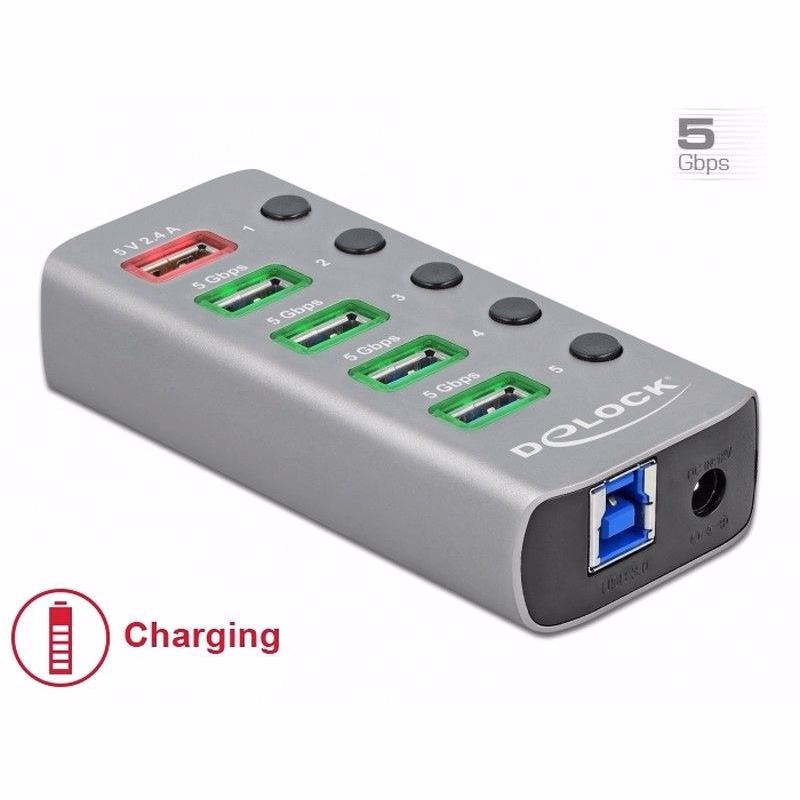 Delock Rozbočovač USB 3.2 Gen 1 so 4 portami + 1 rýchlonabíjacím portom s prepínačom a osvetlením