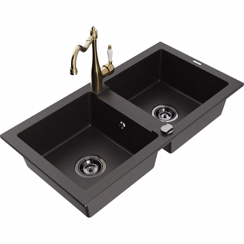 MEXEN/S MEXEN/S - Mario granitový drez 2-bowl vrátane batérie Carla, čierna/zlatá metalik 6504-75-670700-50-B