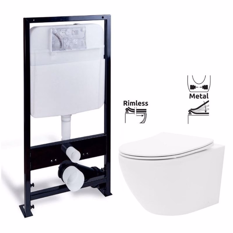 PRIM predstenový inštalačný systém bez tlačidla + WC REA Carlo Flat Mini Rimlesss + SEDADLO PRIM_20/0026 X CF1