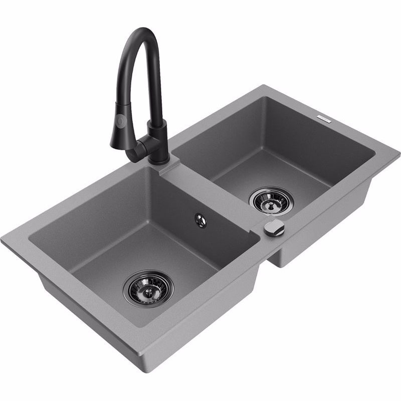 MEXEN/S MEXEN/S - Mario granitový drez 2-bowl vrátane batérie Elia, šedá 6504-71-670101-70-B