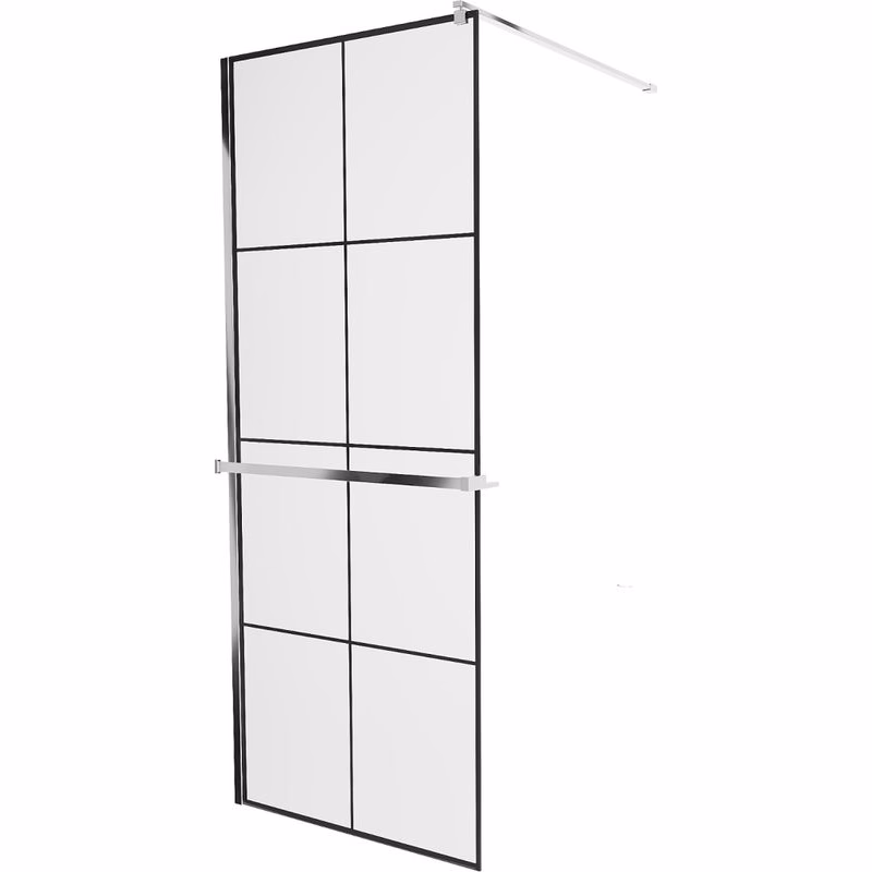 MEXEN/S - KIOTO Sprchová zástena WALK-IN s poličkou a držiakom uterákov 80 x 200, transparent/čierna 8 mm, chróm 800-080-121-01-77