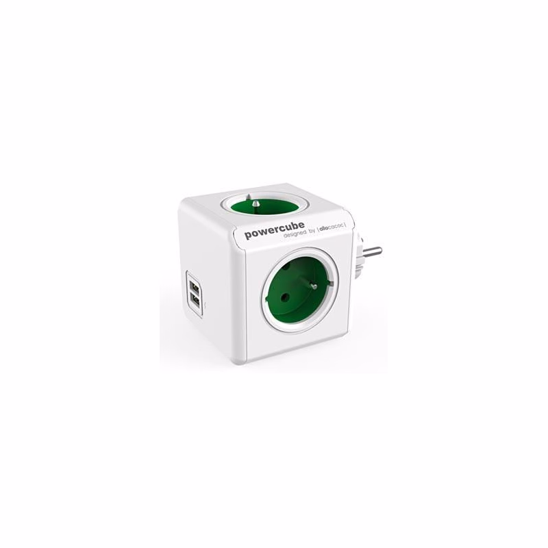 Rozbočovacia zásuvka 240V, CEE7 (vidlica) - POWERCUBE, 0.1m, ORIGINAL USB, zelená, POWERCUBE, 4 zásuvky, 2xUSB porty
