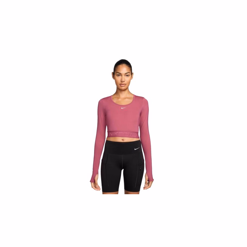 Dámske tréningové tričko s dlhým rukávom NIKE PRO W NP DF LS TOP GG SHINE SWEET BEET RUSH MAROON WHITE