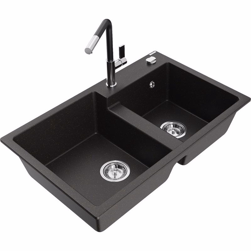 MEXEN/S MEXEN/S - Tomas granitový drez 2-bowl vrátane batérie Flora, čierna/zlatá metalik 6516-75-670401-07