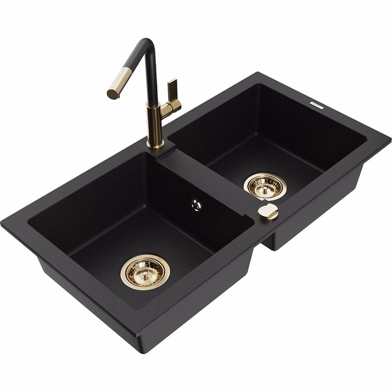 MEXEN/S MEXEN/S - Mario granitový drez 2-bowl vrátane batérie Flora, čierna 6504-77-670401-57-G