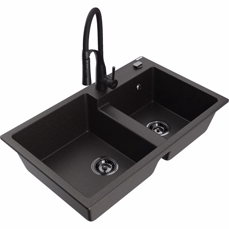 MEXEN/S MEXEN/S - Tomas granitový drez 2-bowl vrátane batérie Aster, čierna/zlatá metalik 6516-75-73450-70-B