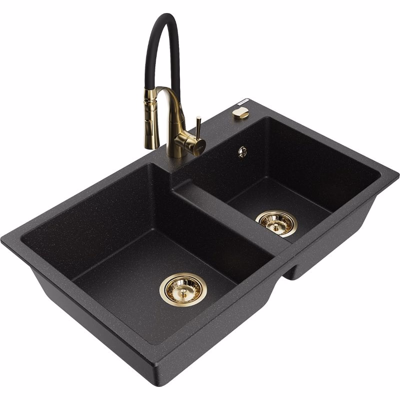MEXEN/S MEXEN/S - Tomas granitový drez 2-bowl vrátane batérie Aster, čierna/strieborná metalík 6516-73-73450-57-G