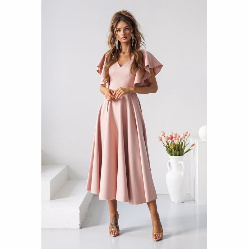 Warsaw Dress Staroružové midi šaty s volánovými rukávmi Veľkosť: XS
