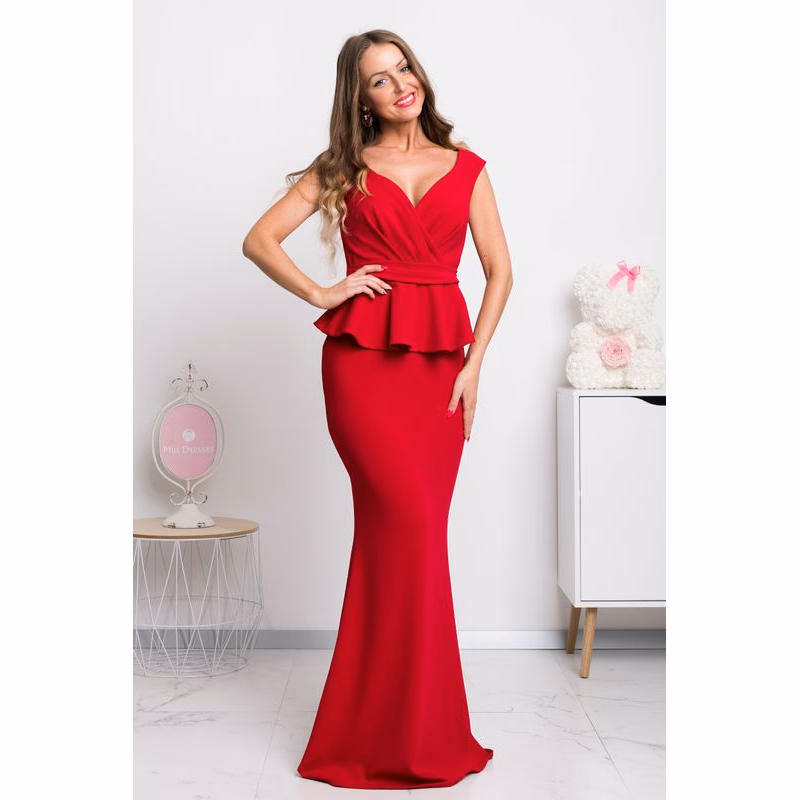 Červené spoločenské šaty s peplum volánikom Veľkosť: XL