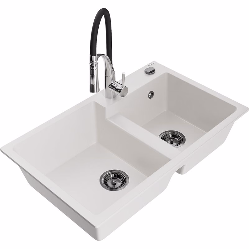 MEXEN/S MEXEN/S - Tomas granitový drez 2-bowl vrátane batérie Aster, biela 6516-20-73450-07-B
