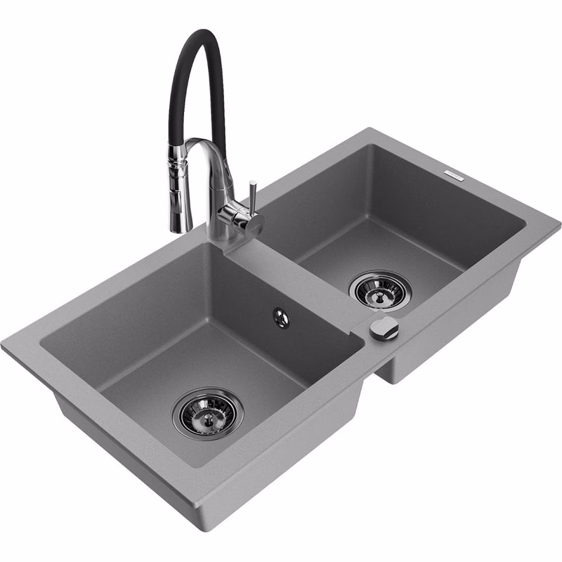 MEXEN/S MEXEN/S - Mario granitový drez 2-bowl vrátane batérie Aster, šedá 6504-71-73450-07-B