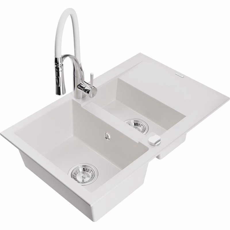 MEXEN/S MEXEN/S - Gaspar granitový drez 1.5 s odkvapkávačom vrátane batérie Aster, biela 6507-20-73450-02
