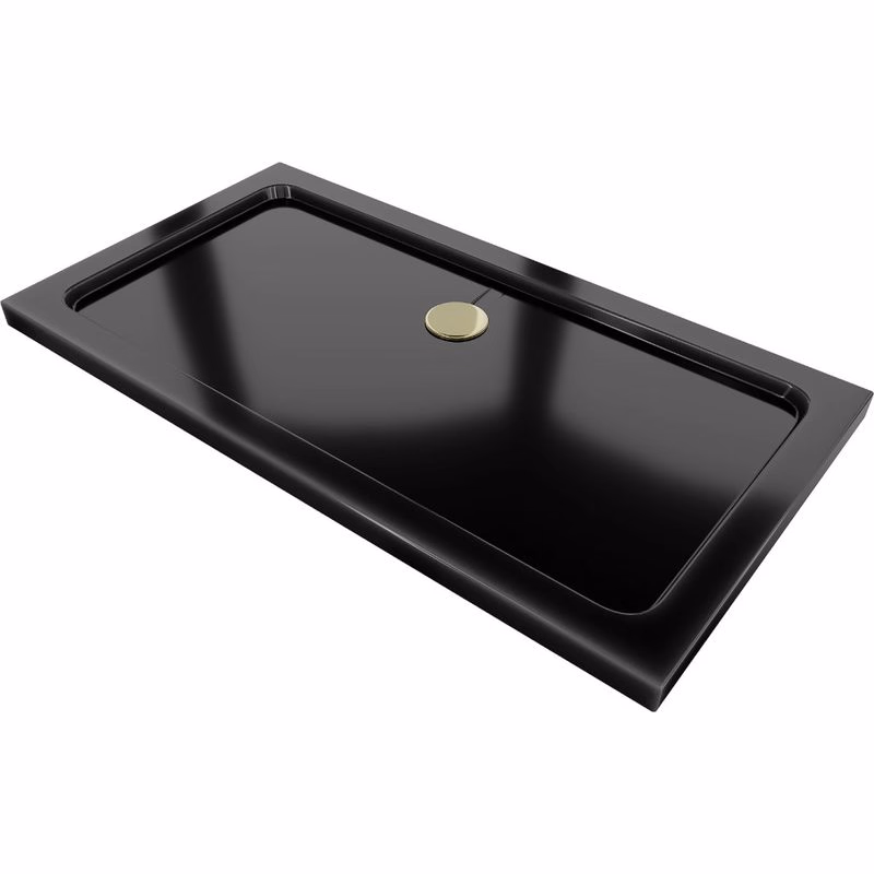 MEXEN/S - Flat sprchová vanička obdĺžniková slim 120 x 70, čierna + zlatý sifón 40707012G
