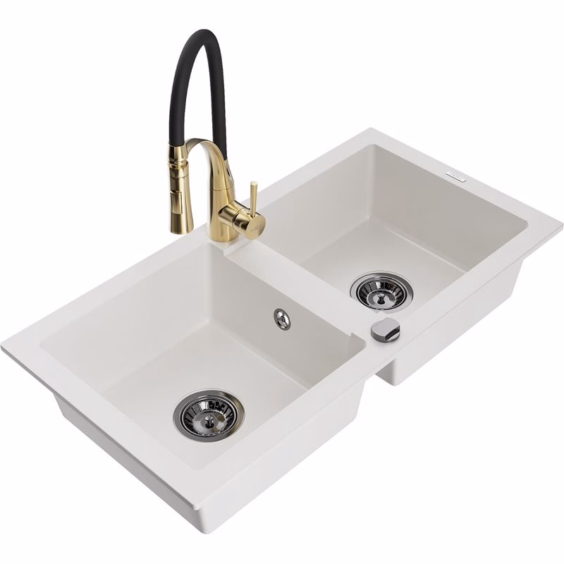 MEXEN/S MEXEN/S - Mario granitový drez 2-bowl vrátane batérie Aster, biela 6504-20-73450-57-B