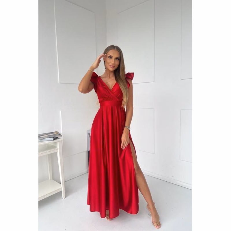 For You Fashion Červené lesklé šaty s volánikovými rukávmi Veľkosť: L