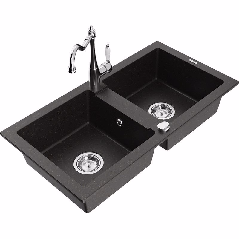 MEXEN/S MEXEN/S - Mario granitový drez 2-bowl vrátane batérie Carla, čierna/zlatá metalik 6504-75-670700-00