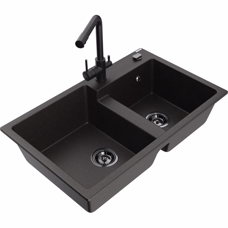 MEXEN/S MEXEN/S - Tomas granitový drez 2-bowl vrátane batérie Duero, čierna/zlatá metalik 6516-75-671600-70-B