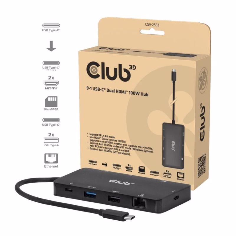 Club3D Dokovacia stanica USB-C 9v1, 2xHDMI, 1xUSB-C, 1xUSB-C PD, 2xUSB, 1xRJ45, microSD/SD, čierna