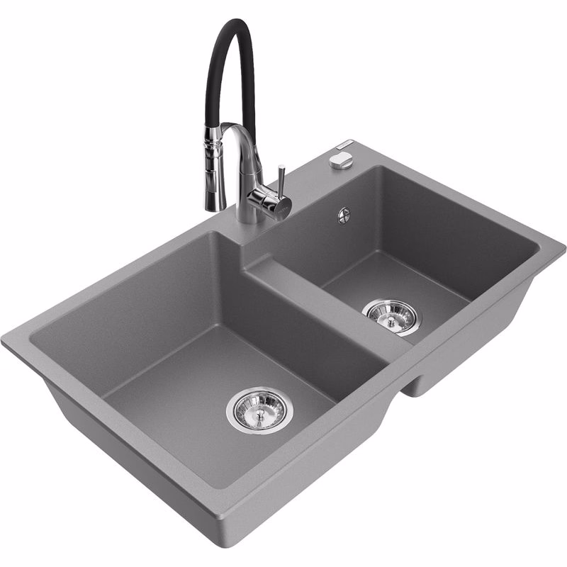 MEXEN/S MEXEN/S - Tomas granitový drez 2-bowl vrátane batérie Aster, šedá 6516-71-73450-07