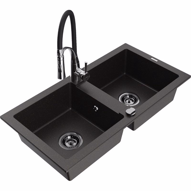 MEXEN/S MEXEN/S - Mario granitový drez 2-bowl vrátane batérie Aster, čierna/zlatá metalik 6504-75-73450-07-B